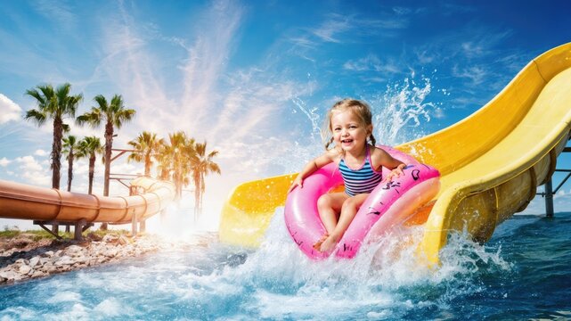 A young girl with blonde hair enjoys a water slide at a sunny water park. She smiles while splashing into the pool with palm trees in the background.
