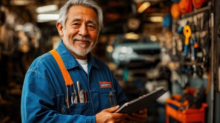 Senior Hispanic automotive mechanic man with gray hair wearing a blue work uniform, holding a clipboard in a workshop filled with tools and equipment.