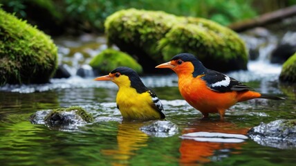 Fototapeta premium Two vibrant birds bathe in a mountain stream