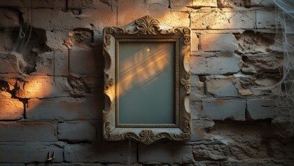 Antique frame on weathered brick wall, sunlight