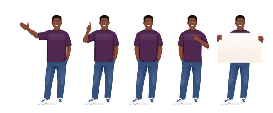 Set of young African American man poses wearing casual clothes with different gestures. Various gestures - showing, pointing, standing with hands in pockets. Isolated vector illustration