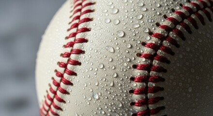Close-up of a Wet Baseball Texture, Stitches, and Water Droplets