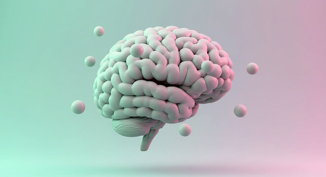 3D render of a human brain with floating spheres around it, set against a pastel background. The image is visually striking and perfect for concepts related to intelligence, ideas, and neurology.