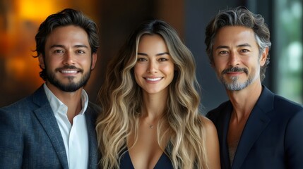 Fototapeta premium Three attractive people pose for a portrait, radiating happiness and confidence.
