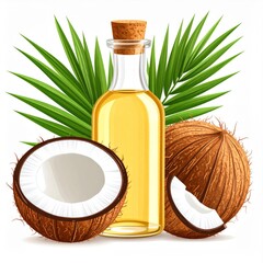 Fototapeta premium Yellow Coconut Oil in Glass Bottle with Palm Leaves