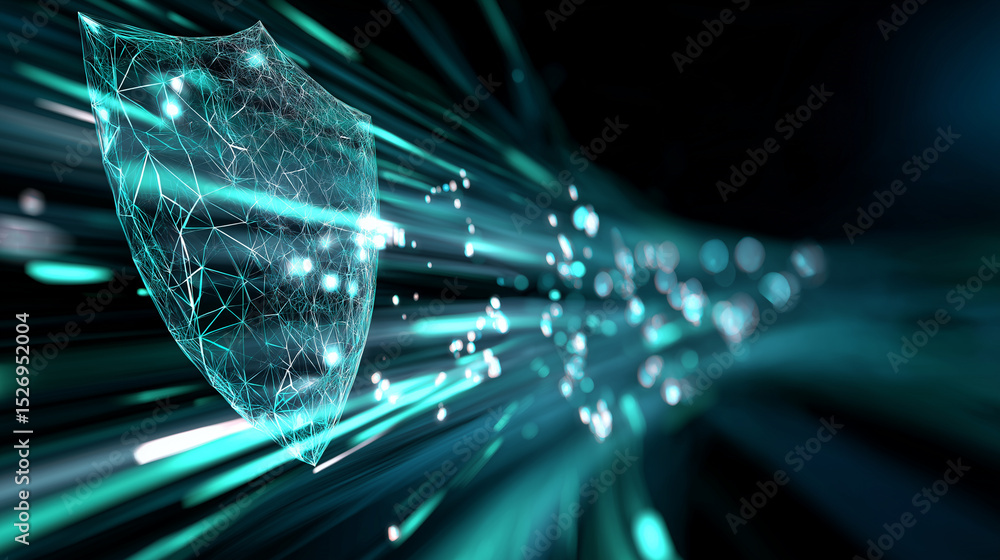 Poster glowing digital shield symbolizing cybersecurity and data protection.