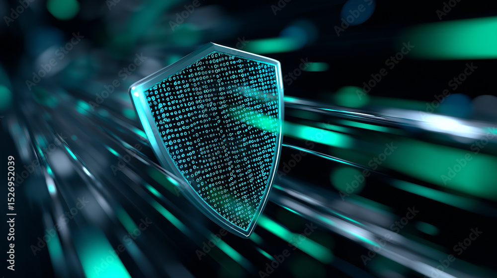 Poster glowing digital shield symbolizing cybersecurity and data protection.