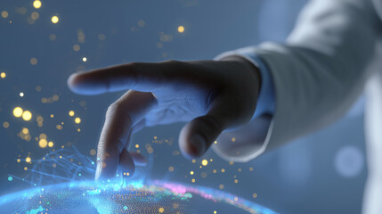 Human finger touching a glowing digital globe representing global connectivity and technology.
