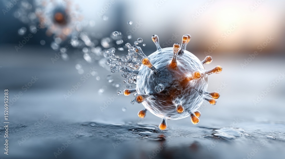 Poster a virus particle is depicted in a highly magnified view, displaying spikes and surface textures whil