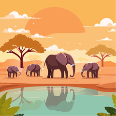 Fototapeta premium Elephants at a Waterhole – Dust clouds rising as a herd gathers, acacia trees in the background. 