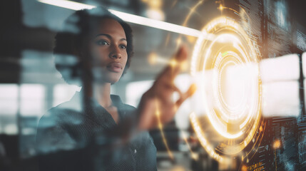 Futuristic interface operated by a focused woman in a digital environment.
