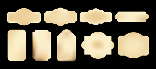Old beige vintage label templates set with classic shapes and gradient fills on black background, product packaging, branding, invitations, gift tags.Beige Tag and Label Templates vector illustration