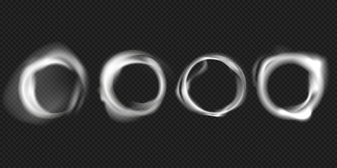 Set of glowing smoke ring overlays with white mist and circular vortex shapes on transparent background. Circular Mist and Vapor Effects for Special Visual FX.Vector illustration