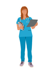 Vector illustration of female doctor or nurse in blue scrubs, standing full length and holding medical documents or X-ray film. Healthcare worker isolated on transparent background