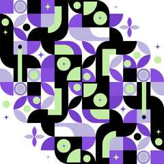 Geometric Abstract Pattern in Retro Futuristic Style.Abstract geometric pattern with curved shapes, rounded forms, and retro-futuristic color palette in purple, green, black tones.Vector illustration