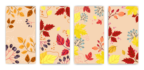 Set of autumn themed background templates with colorful leaves and berries, ideal for flyers, greeting cards, posters, or seasonal invitations.Seasonal Fall Layouts with Leafy Borders .Vector