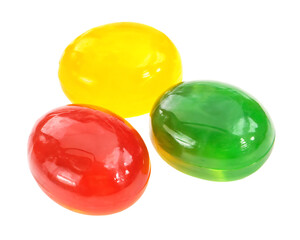 Three colorful round hard candies in red, yellow, and green isolated on transparent background.PNG