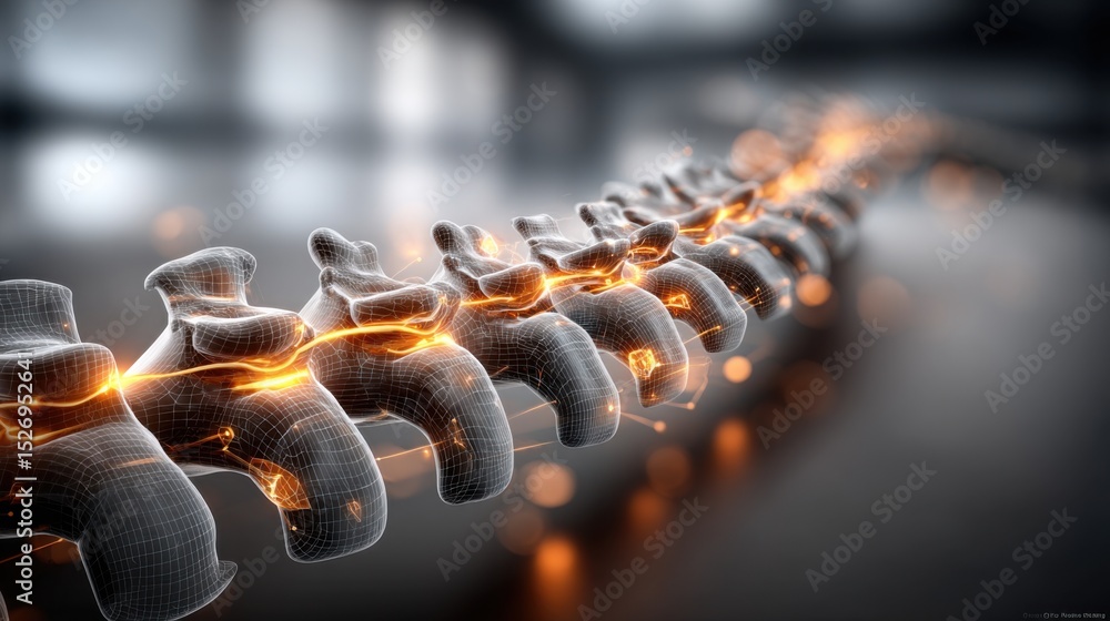 Poster a 3d rendering showcases the human spine with visible vertebrae and glowing connections, illustratin