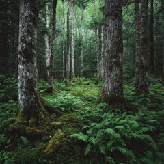 Obraz premium Mystical forest, a serene, lush landscape, beckons with its dense greenery and towering trees. Sunlight filters through the canopy, creating a play of light and shadow.