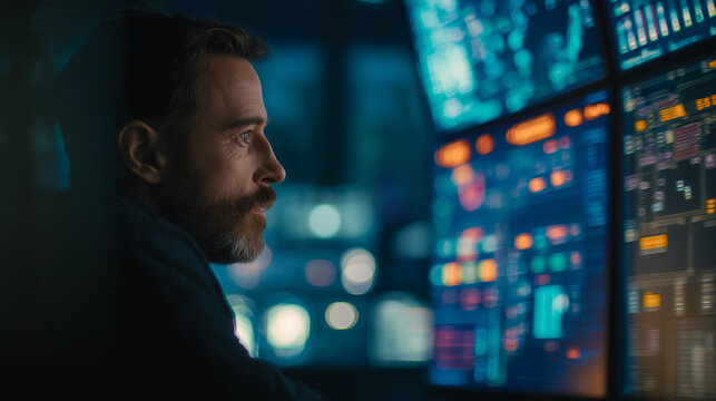 A male programmer or cybersecurity expert works in a dark room surrounded by multiple computer monitors displaying complex data and code.
