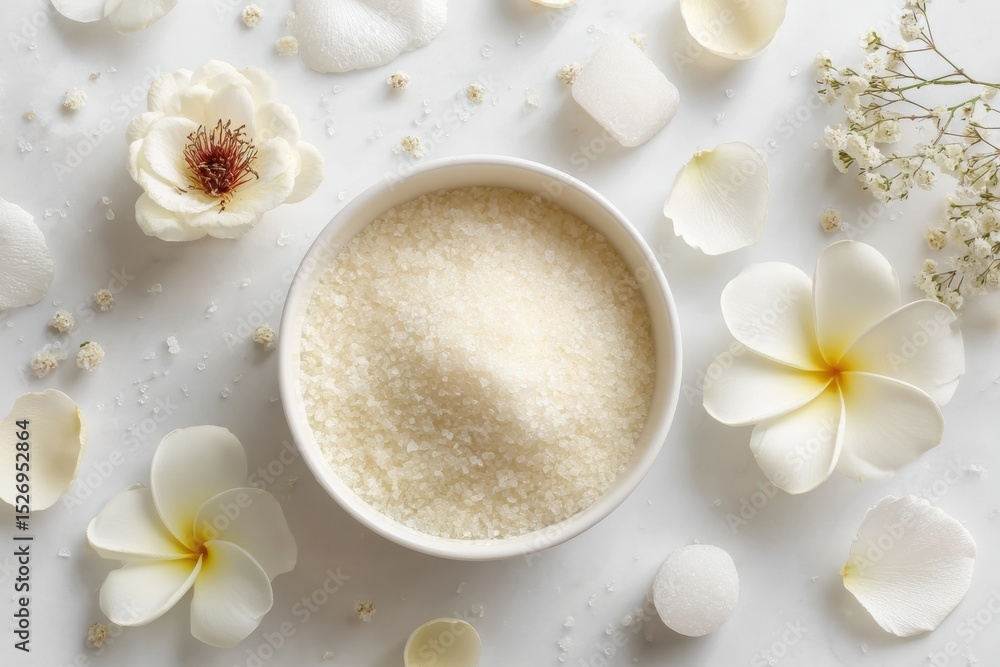 Poster relaxing bath setup with bath salts and flower petals in a serene white environment for a calming ex