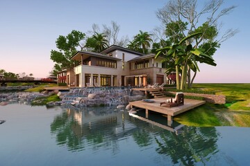 3d render a villa house on the lake