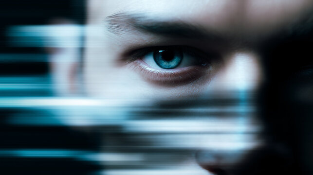 A close-up of a human eye with horizontal digital motion blur, symbolizing data processing, biometric scanning, or futuristic vision.
