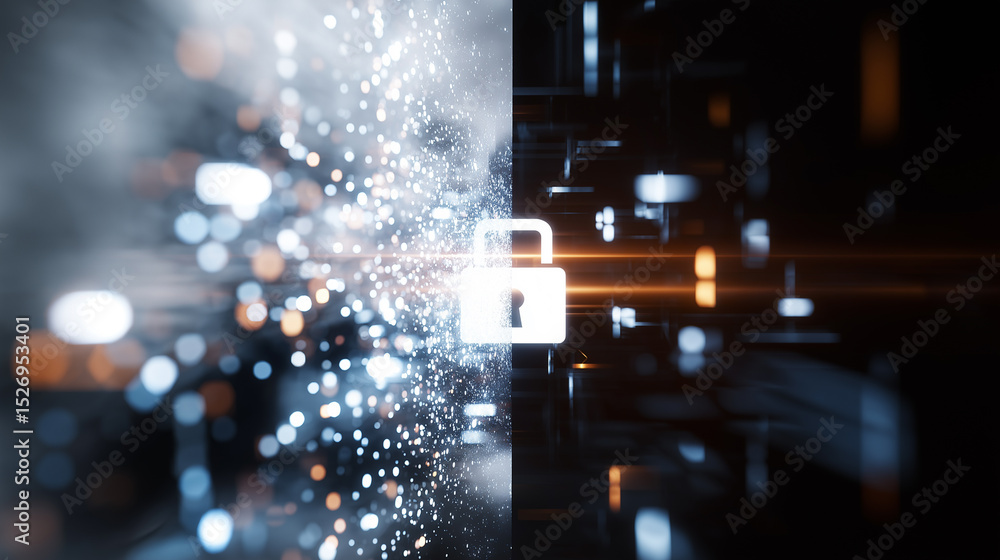 Poster a glowing padlock icon is central amidst abstract digital particles and light trails, symbolizing ro