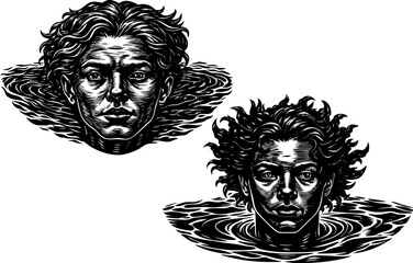 Realistic human face floating against a white background