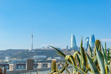 View of the Flame Towers from the Cactus Park in Baku