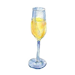 Festive Watercolor Art with Champagne Glass in soft blue, yellow and pastel tones