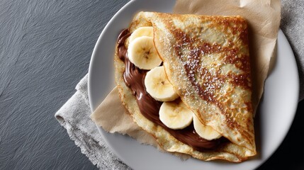 a folded fresh french crepe filled with chocolate and banana slices