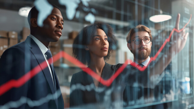 Three diverse business professionals analyze a glowing red stock market graph overlaid on a glass screen, indicating financial analysis and strategy.
