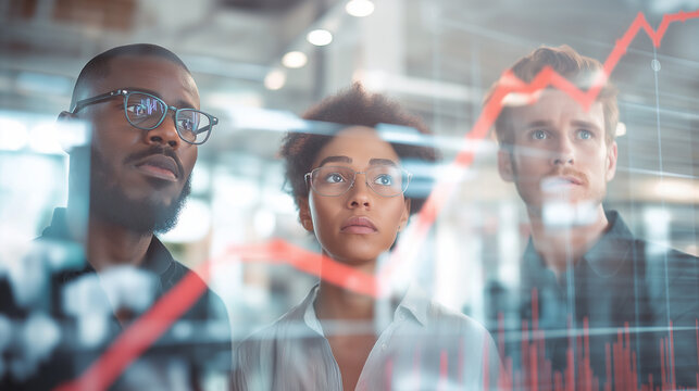 Three diverse business professionals analyze a glowing red stock market graph overlaid on a glass screen, indicating financial analysis and strategy.

