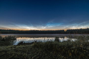 Noctilucent clouds over the forest lake in Latvia on June night