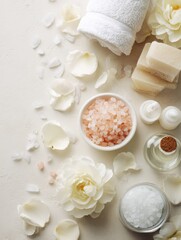 Relaxing Spa Experience With Bath Salts, Foam, and Flower Petals in a Serene White Bath Setting