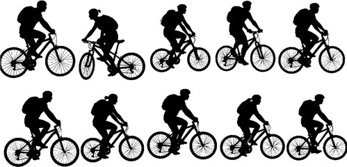 people riding bicycle silhouette set on white background, vector
