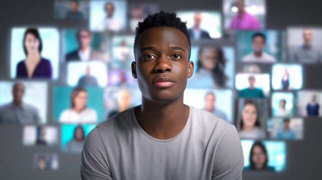 A serious young African American man stands prominently in front of a grid of diverse digital portraits, symbolizing online community or AI.
