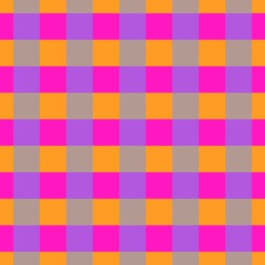 Checkered pattern in magenta, lilac and orange tones. Seamless bright abstract print for fabric.