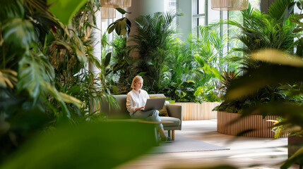 Person working on a laptop in a bright indoor space surrounded by lush greenery and natural light.
