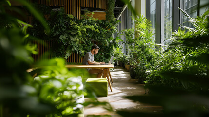 Person working on a laptop in a bright indoor space surrounded by lush greenery and natural light.
