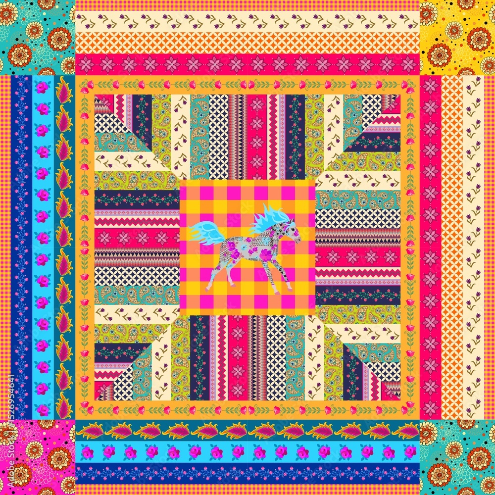 Wall mural patchwork pattern of multicolor stripes and squares with a fairytale horse and a beautiful frame. bo