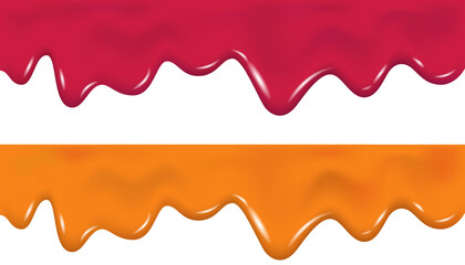 Pink, orange drip cream drops, marmalade, jelly, slime or yogurt border. Flowing melted ice cream, cherry glaze, raspberry sauce or paint texture. Dripping melted apricot jam or cheese. Vector.