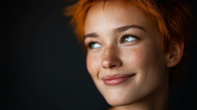 Joyful woman with short spiky orange pixie cut and bright smile, portrait