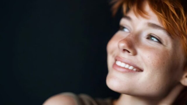 Joyful woman with short orange pixie cut and sparkling eyes