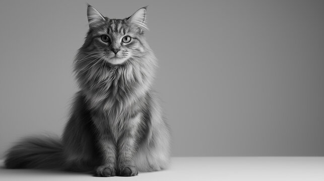 Black and white portrait of a long-haired cat sitting on a table against a plain background.
