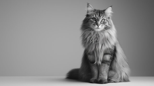 Black and white portrait of a long-haired cat sitting on a table against a plain background.
