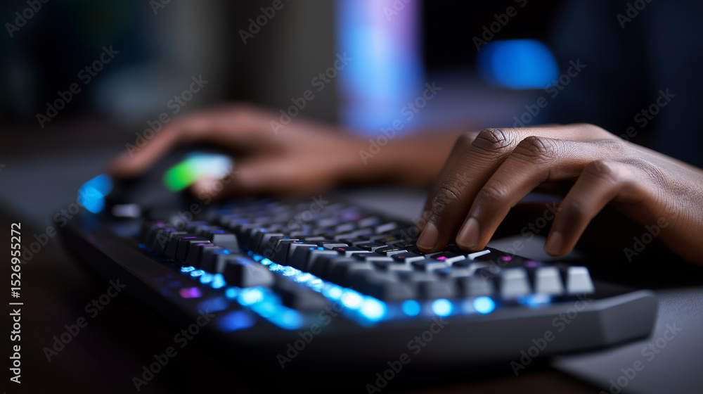 Poster hands typing on an illuminated mechanical gaming keyboard in a dark room.