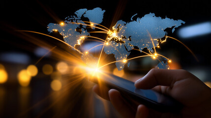 Hand holding smartphone with glowing global network map overlay symbolizing worldwide connectivity and data exchange.
