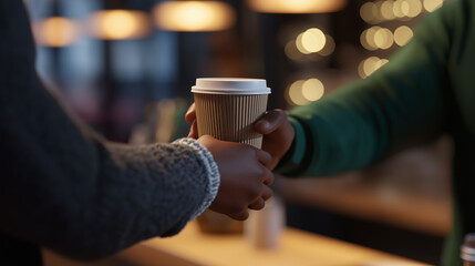 Close-up of hands exchanging a takeaway coffee cup in a cozy café setting.
